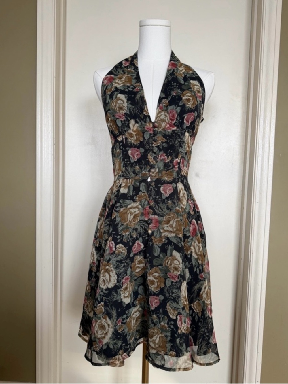 Vintage Y2K Dark Floral Halter Dress Sheer Fit & Flare Romantic Cottagecore